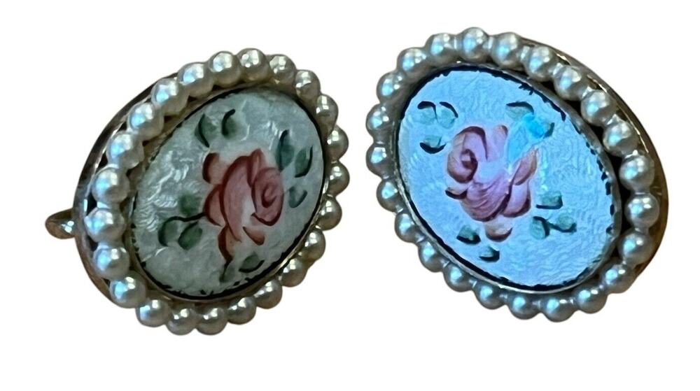 Vintage Coro Faux Pearl Rose Screwback Earrings Signed Hand Painted Floral 7/8”